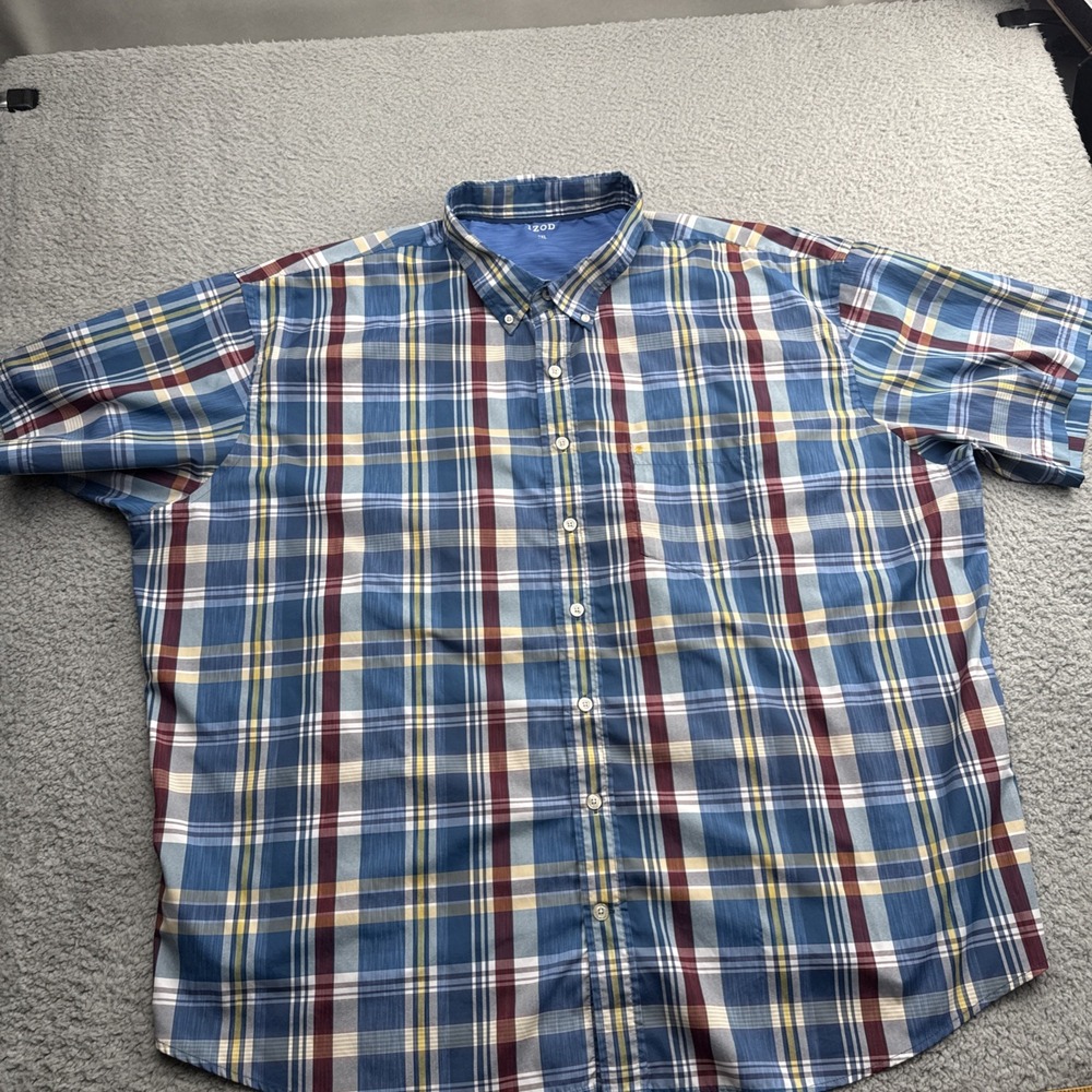 IZOD Button Up Mens 4XL Blue Plaid Short Sleeve Preppy Stretch Shirt